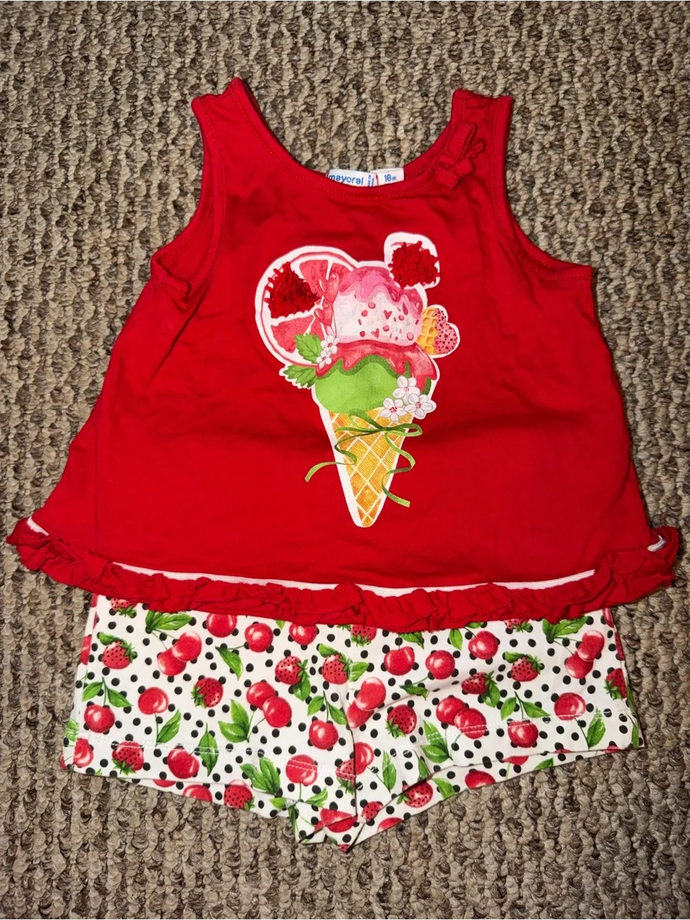 Mayoral Red Tank Top with Ice Cream Graphic and White Strawberry Print Shorts